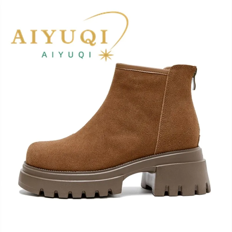 AIYUQI Women Ankle Boots Back Zipper Platform Chunky Heel Women Short Boots Non Slip Casual Chelsea Booties Women