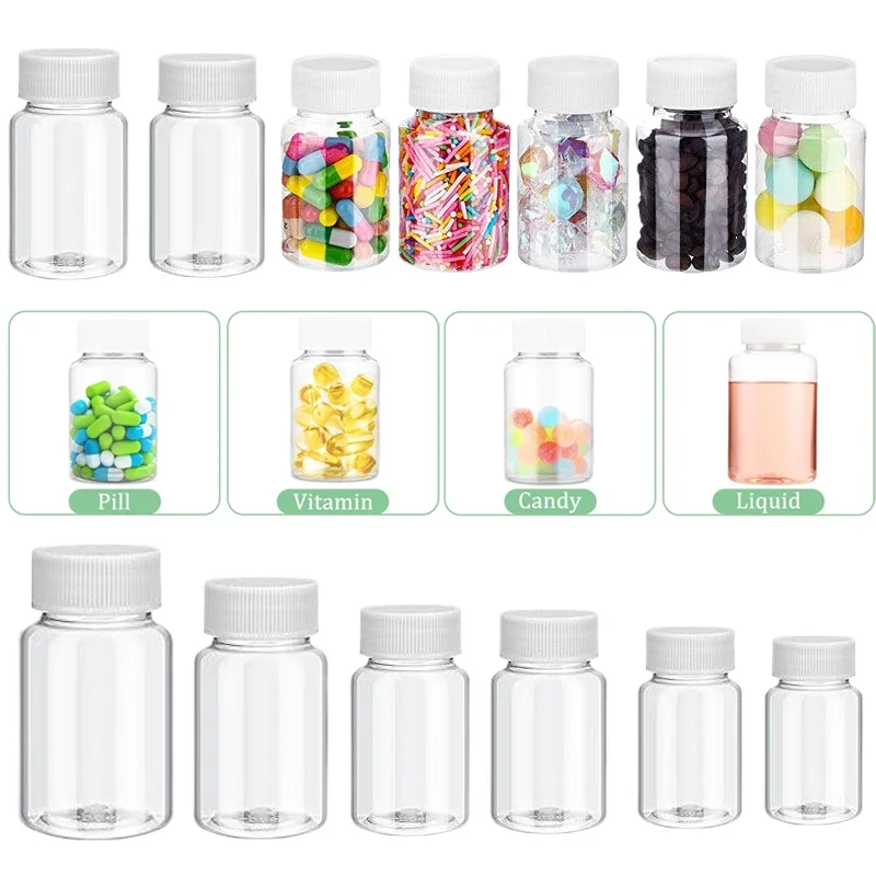 10Pcs 15ml/20ml/30ml/50ml/60ml/80ml/100ml Empty Plastic Pill Bottles W/ Seal Caps Medicine Dispenser Capsule Cosmetic Containers