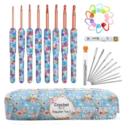Blue Color Crochet Hooks Kit Aluminum Crochet Needles With Bag Ergonomic Knitting Croche Set White Bags with Flower 2.5-6.0MM