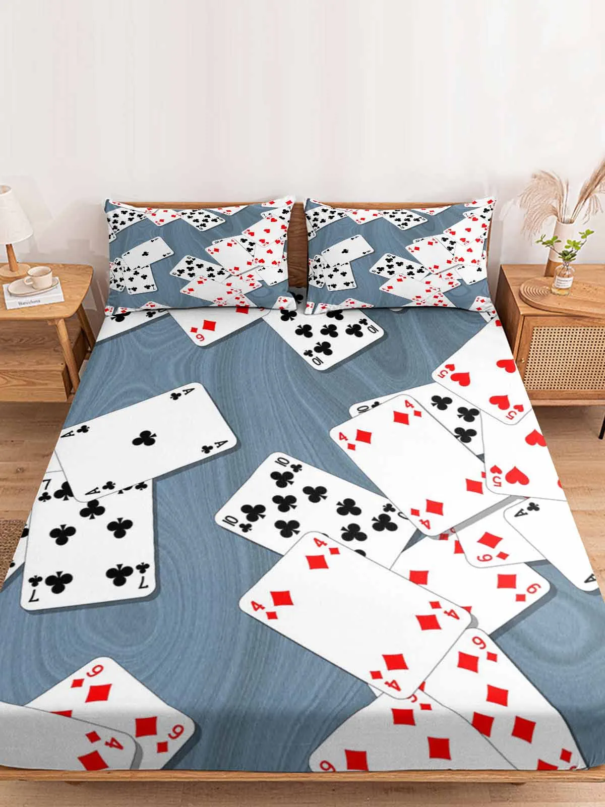 Playing Cards Wooden Table Fitted Bed Sheet Cover Elastic Band Anti-slip Mattress Protector for Single Double King