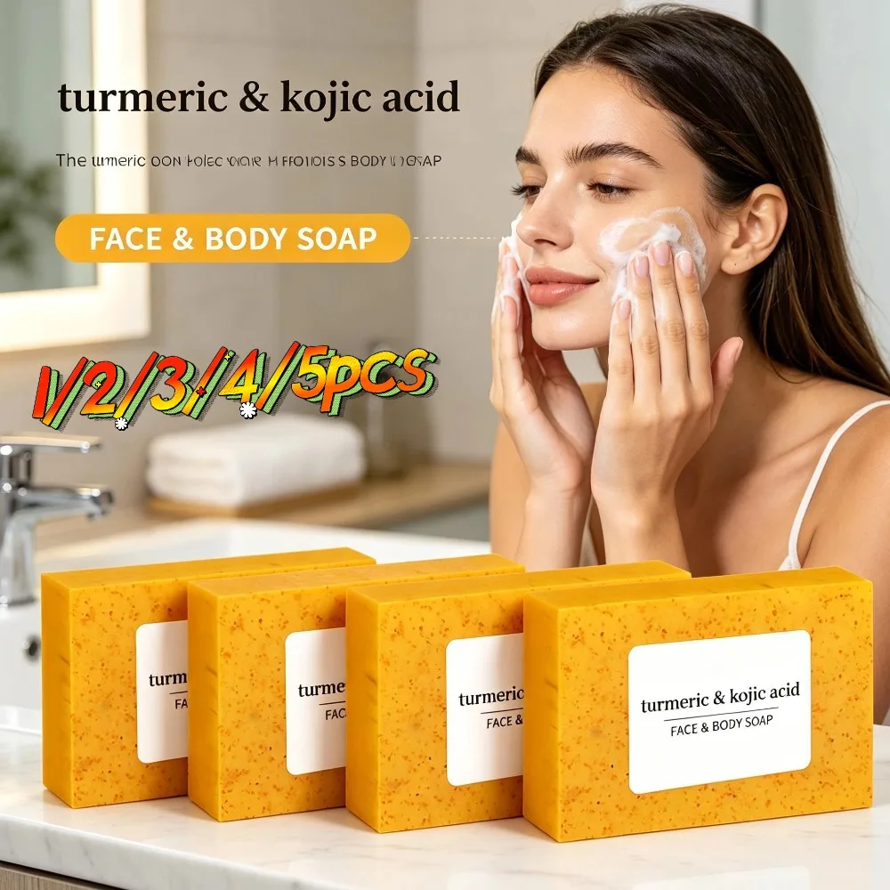 1/2/3/4/5pcs Turmeric Hand Made Soap, Lemon Kojic Acid Soap, Shower and Facial Soap Deep Cleaning For Face Body Skin Care