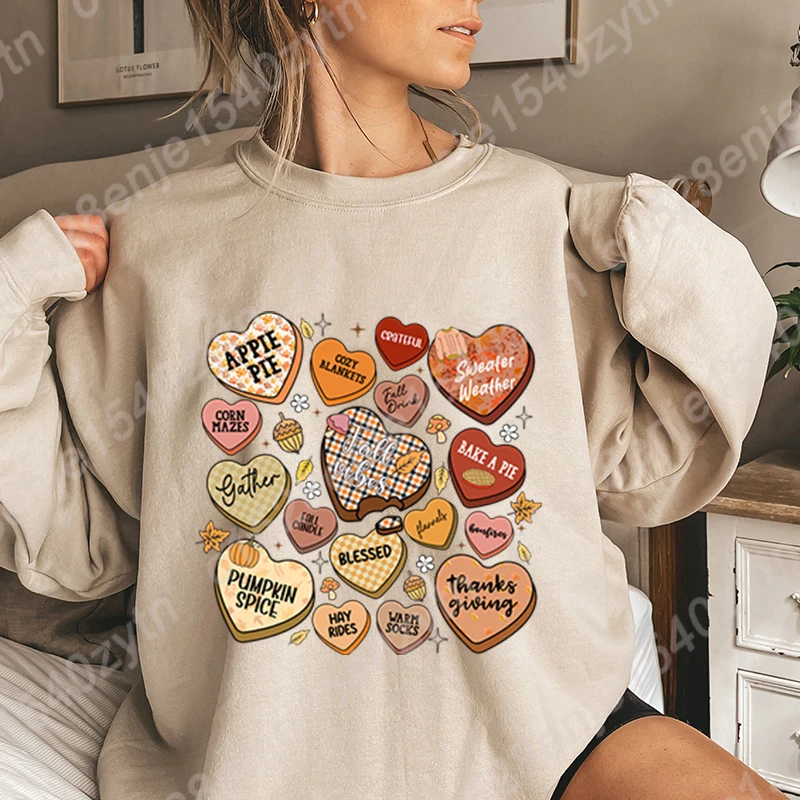 

Heart Fall Vibes Pumpkin Spice Print Sweatshirt Crew Neck Tops Women Hoodless Pullover Long-sleeved Autumn Solid Color Pullovers