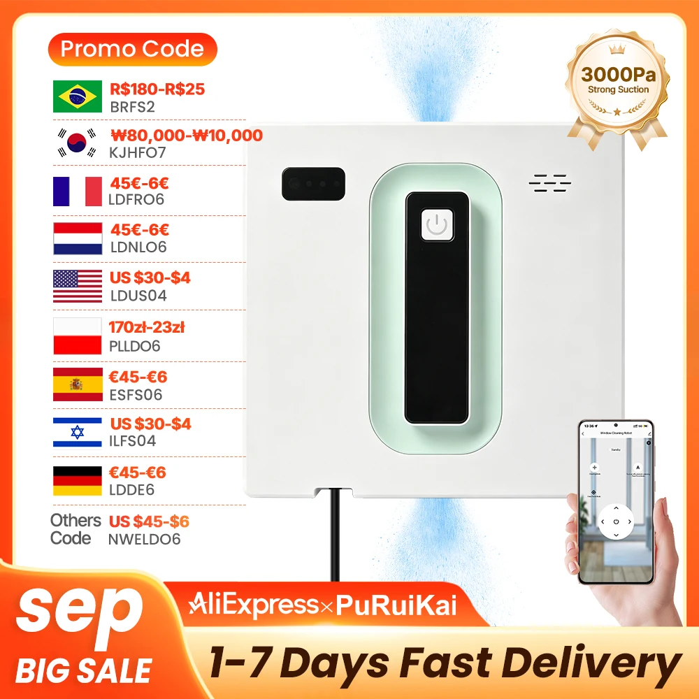 PuRuiKai Robot Electric Automatic Window Cleaning Robotic Vacuum Cleaner with APP Remote Control, Two-Way Automatic Spray 2500PA