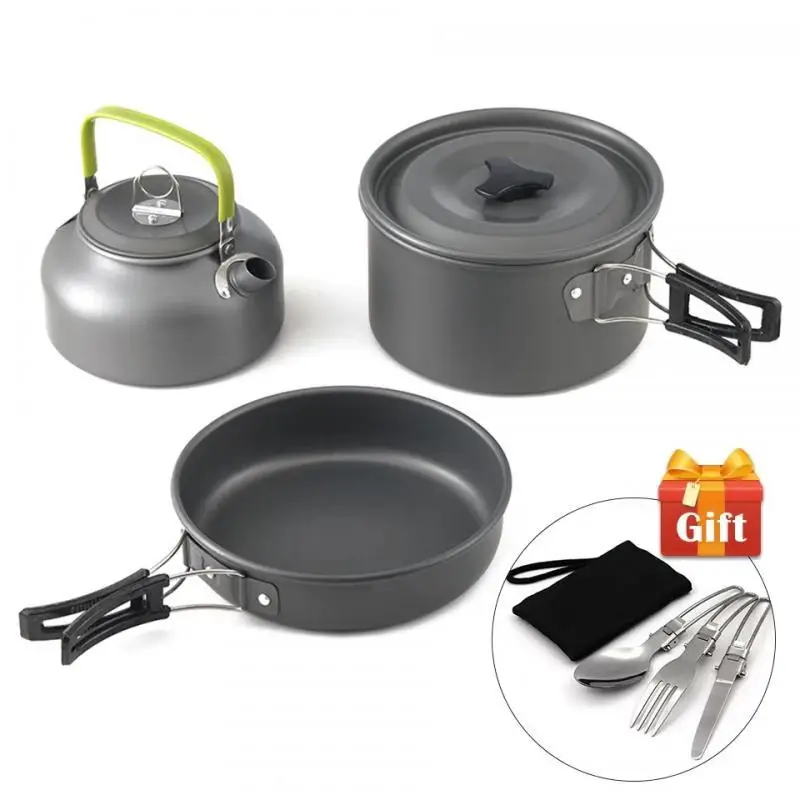 

3pcs Camping Cookware Utensils Outdoor Cooking Teapot Picnic Tableware Kettle Pot Frying Pan With Folding Knife Fork Spoon