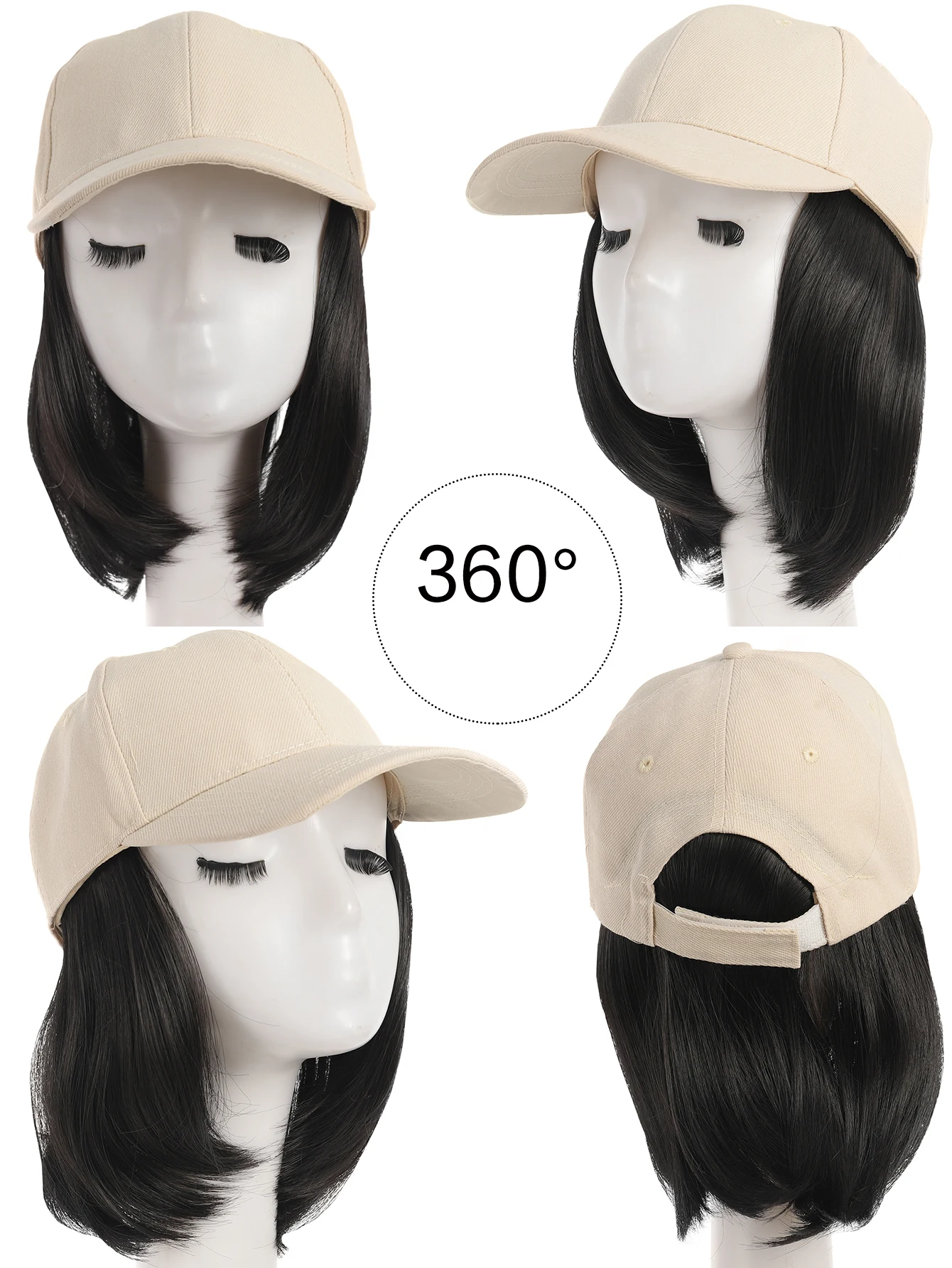 Baseball Cap with Hair Extensions Straight Short Bob Hairstyle Adjustable Removable Synthetic Wig Hat 8inch for Woman Girls