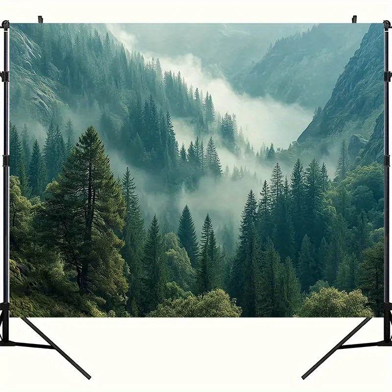 Misty Mountain Forest Landscape Tapestry Serene Nature View Wall Art Pine Trees Foggy Valley Calm Atmosphere Peaceful Retreat