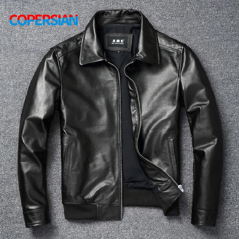 

Plus size.Autumn New Men's Top Layer Cowhide Baseball Suit Casual Motorcycle Jacket Autumn and Winter Coat