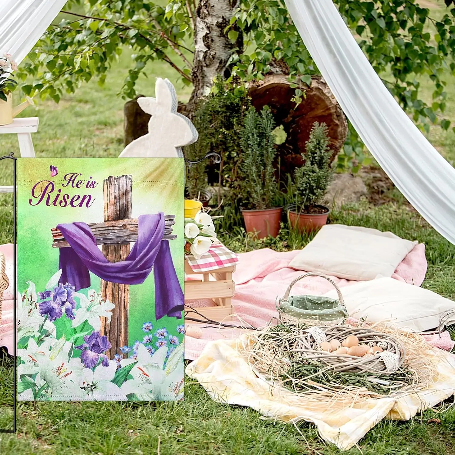 JULMELON Easter Garden Flag, 12x18 inch He is Risen Spring Easter Flag, Vertical Double Sided Lily Cross Easter Flag for Spr IIC