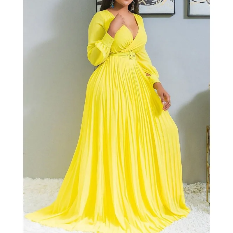 Fashion Sexy Casual Long Sleeve V Neck Chiffon Floor Length Dress INS Y2K Clothes Elegant Vintage Corset Pleated Dress