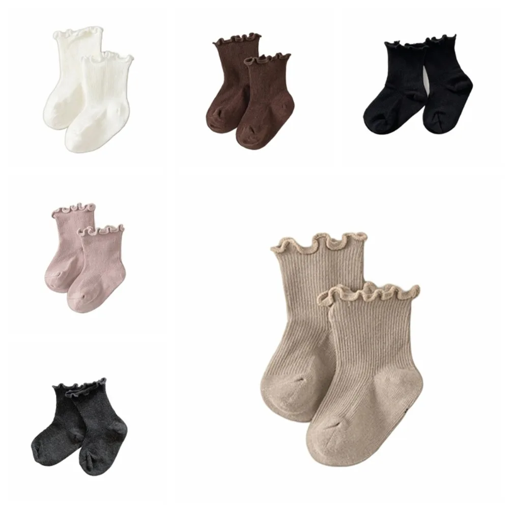 6Pairs Simple Ruffle Baby Cotton Socks Autumn Spring Cute Kids Short Tube Socks Mid-calf Breathable Toddle Sweet Socks Children