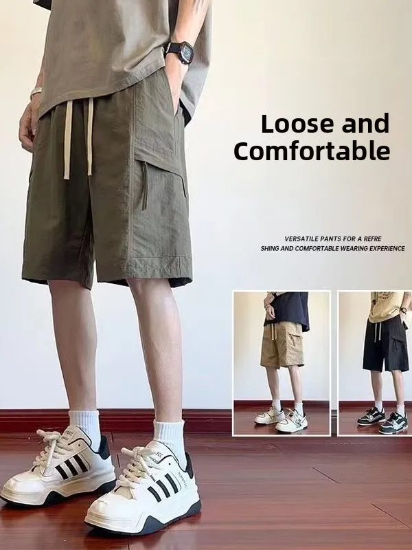 

Японская рабочая одежда из ледяного шелка Qui Dry, мужские летние тонкие модные свободные повседневные брюки средней длины пять четвертей