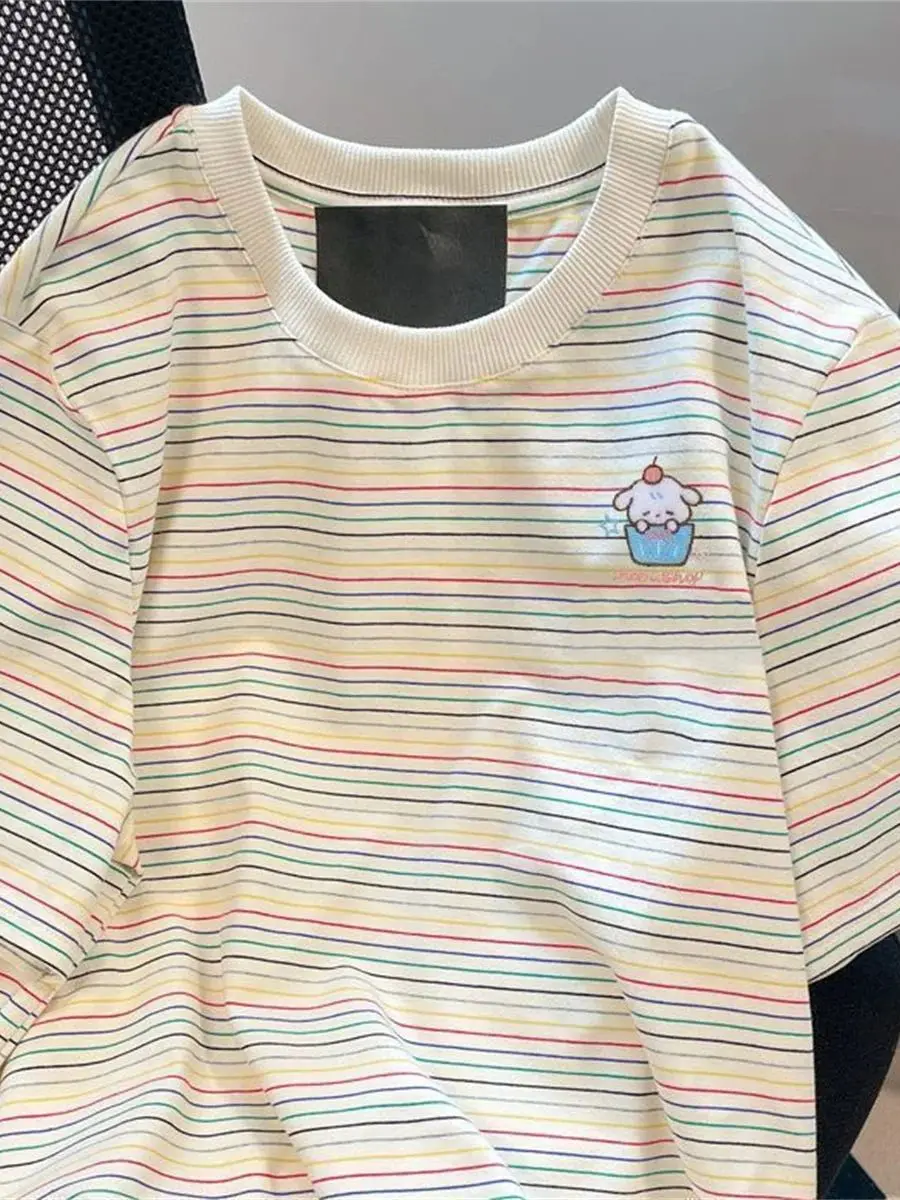 Women Color Block Striped Print Short Sleeve T Shirt Round Neck Loose Casual Soft Daily Summer Basic Tops
