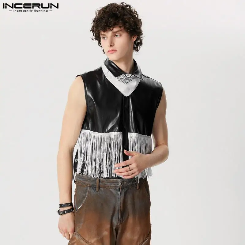 Men Shirt PU Leather Tassel Patchwork Lapel Sleeveless Casual Men Clothing Summer Button Streetwear 2024 Fashion Vests INCERUN