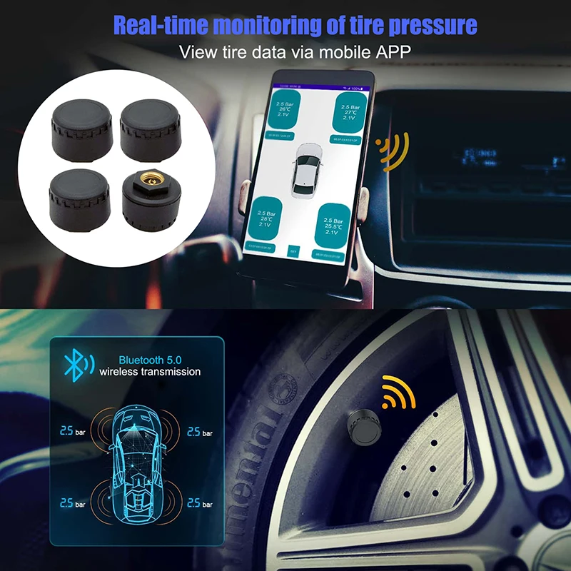 Wireless Smart Car Tyre Pressure Monitor System Phone Display APP Bluetooth Vehicles TPMS For Truck Motorcycle For LOS Android