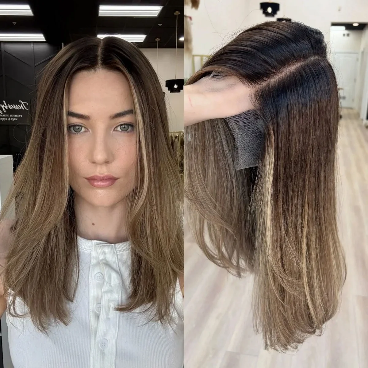 

Новый стиль: 16-дюймовые синтетические парики с кружевной передней частью, средней длины, коричневого цвета с темными корнями, с центральной прической, без клея, для женщин, готовые к носке