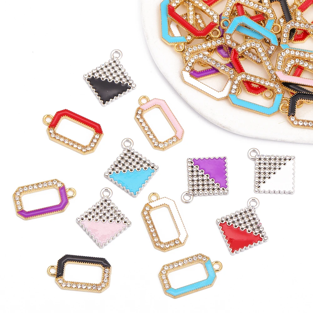 JQ 10Pcs Colorful Diamond Square Enamel Zinc Alloy Pendant Shining Crystal Charm For Fashion Jewelry Earrins Necklace Making