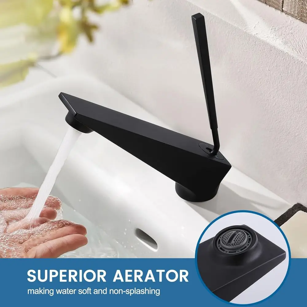 صنبور نحاسي حديث بمقبض واحد باللون الأسود غير اللامع لأحواض ذات فتحة واحدة، مناسب للمراشفات والزراويل الداخلية والمركبات الترفيهية