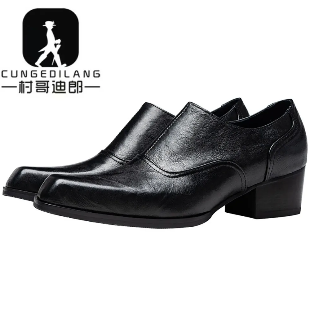 Genuine Leather Men High-heeled Slip on Loafers European Brand Business Casual Wedding Party Design Height Increasing 5cm