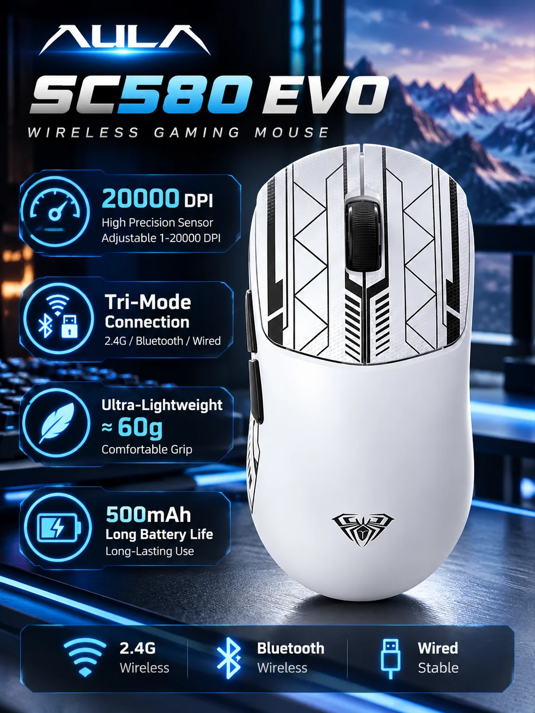 AULA SC580 EVO Wireless Gaming Mouse AL530 20000DPI Tri Mode 8KHz 2.4G Bluetooth USB-C 60g