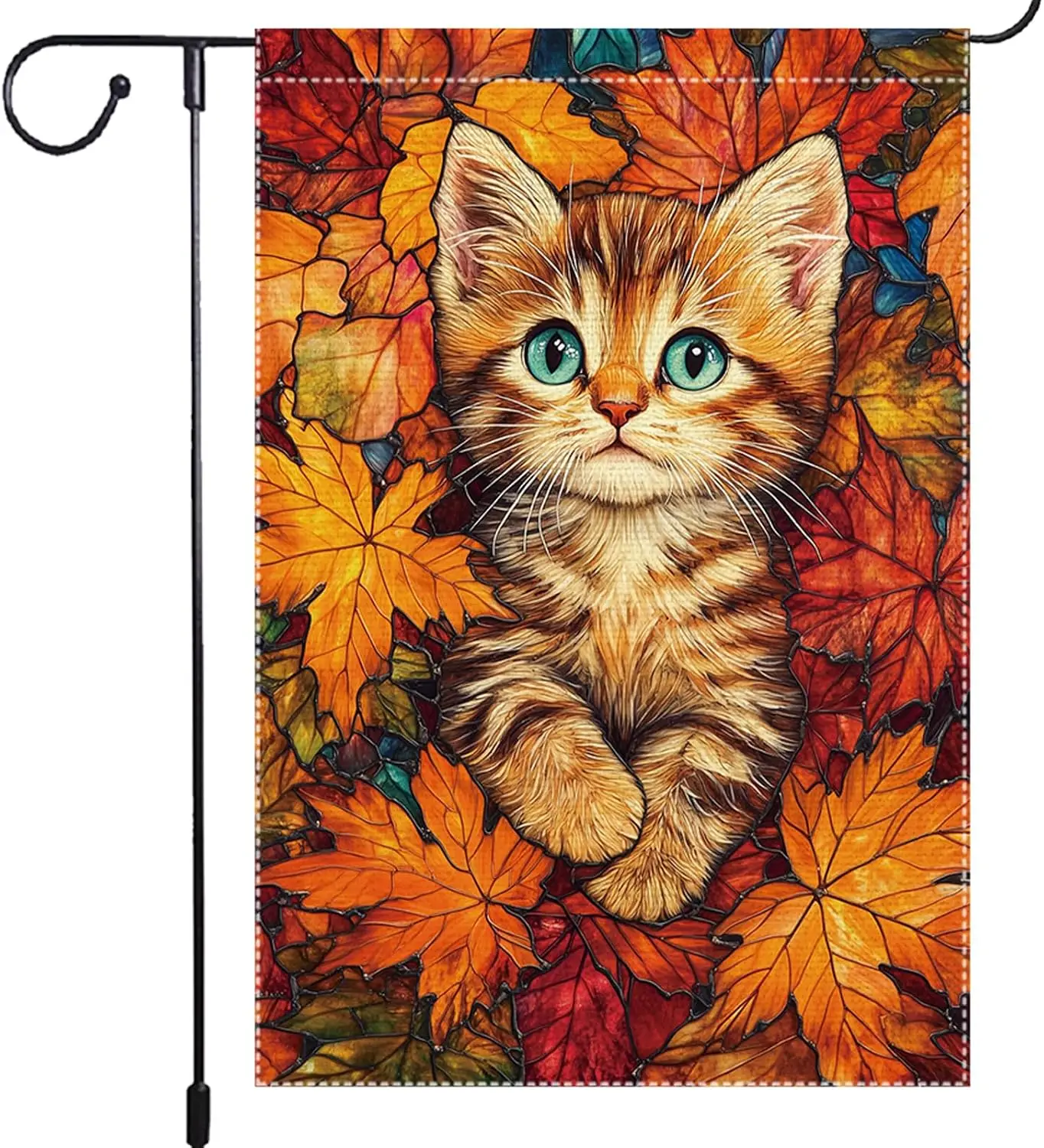 Fall Garden Flag 12x18 Inch Double Sided Small Burlap Orange Cat with Autumn Leaves Outdoor Yard Banner Thanksgiving Harvest llp