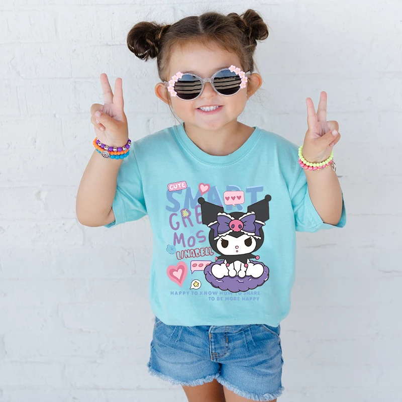Kuromi Printed Kids T-shirt Summer Children's Cotton Short Sleeve Blue Casual Top Suitable for Boys and Girls