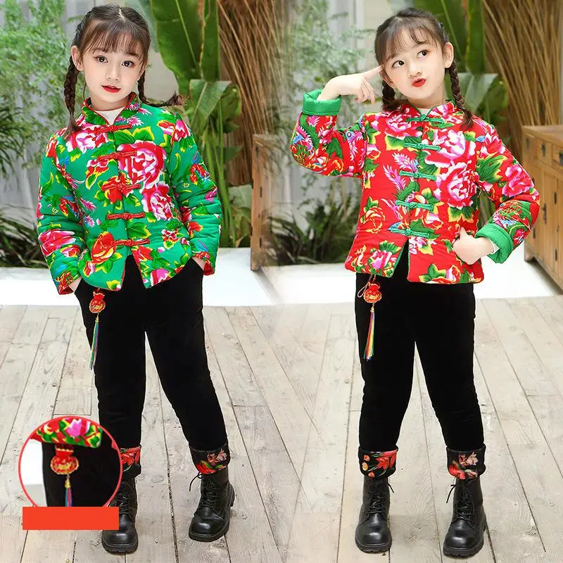 

Girls Winter Print Cotton Chinese Lovely Cotton-padded Clothes Kids Cotton Tang Suit Children Two Piece Set Clothing