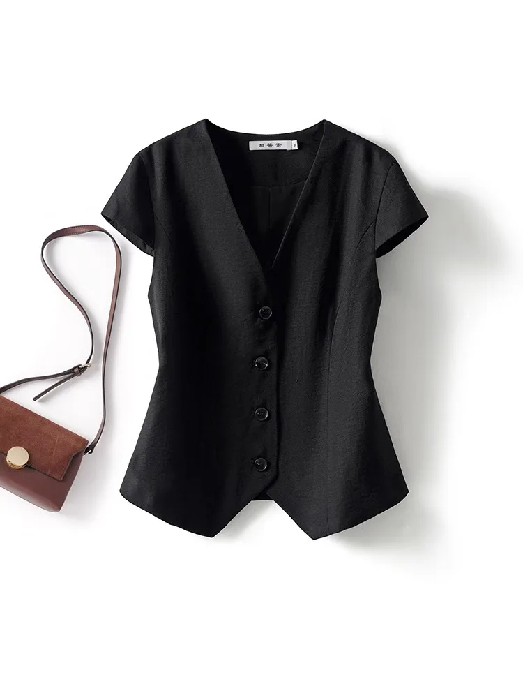 

Linen Suit Vest Women's ort Sve V-Ne Loose Fit Summer Faion Vintage Sle Airy Feel Casual Chic Top