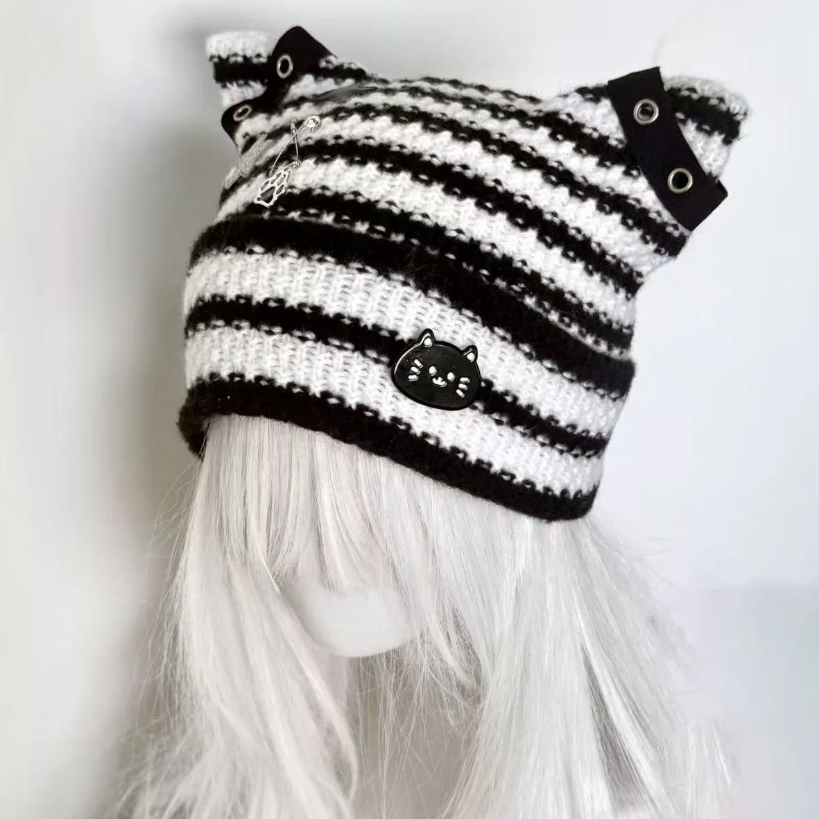 Y2K Girl Cat Star Stripes Beanies Hats Gothic Street Punk Knitted Bonnet Caps Sweet Cool Spice Girl Fashion Keep Warm Beanie Hat