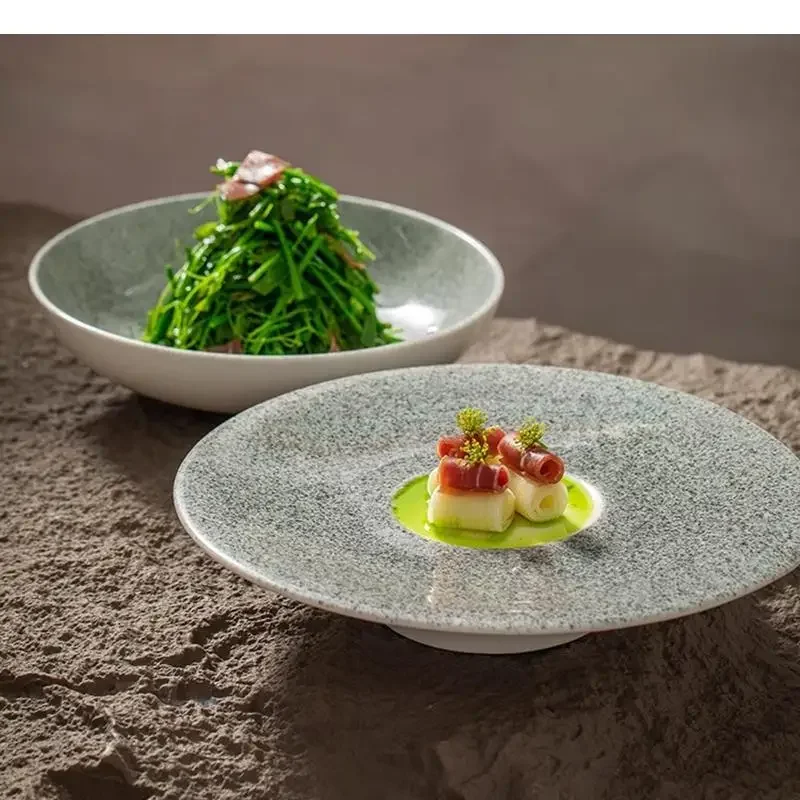 Retro High Legged Flat Plate Ceramic Dessert Sushi Pasta Plates Restaurant Molecular Cuisine Specialty Tableware