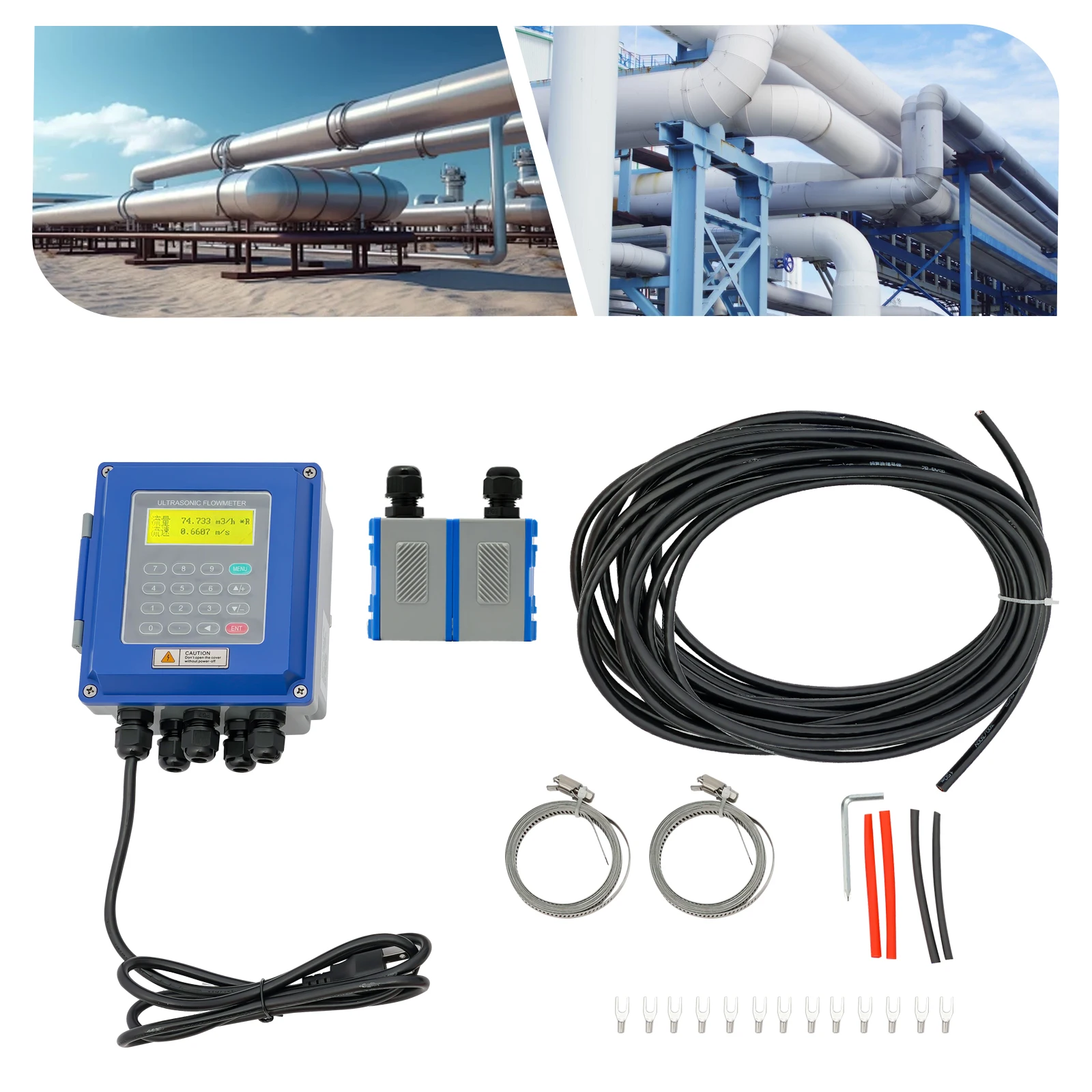 TUF-2000B Transit Time Ultrasonic Flow Meter, Bi-directional Measurement Transit Time Flowmeter, Liquid Flow Measuring Instrument With 3 Ways to Measure For Water, Oil, Sewage, Chemical Pharmaceutical Industry