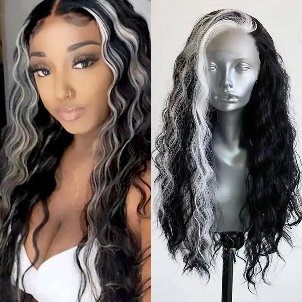Black and White Long Wavy Lace Front Synthetic Wig Glueless Heat Resistant Fiber Hair for Women Cosplay Halloween and Daily Wear
