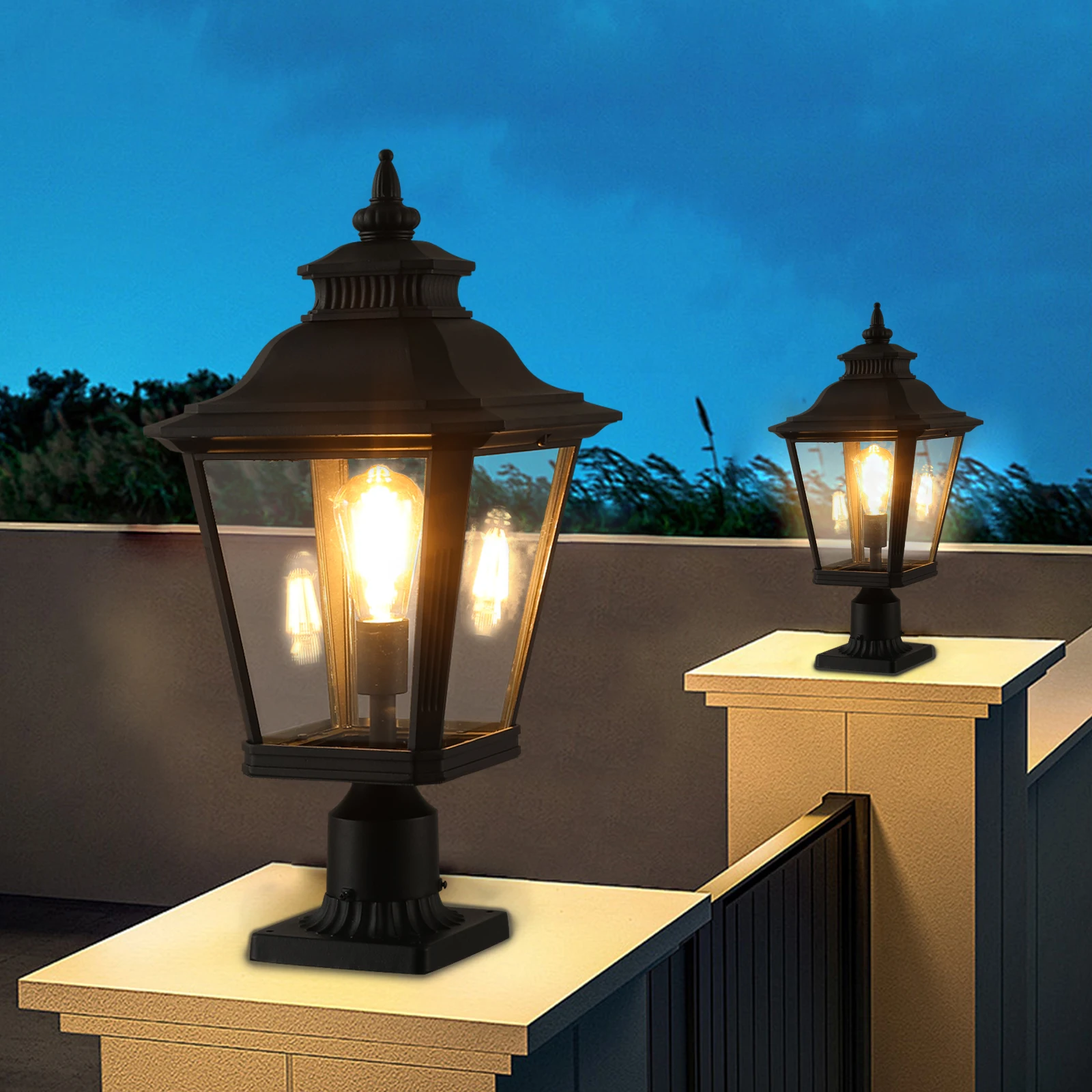 

2-Pack Outdoor Post Lantern Light – Vintage Black Metal & Clear Glass Pillar Lamp for Garden, Gate, Driveway.