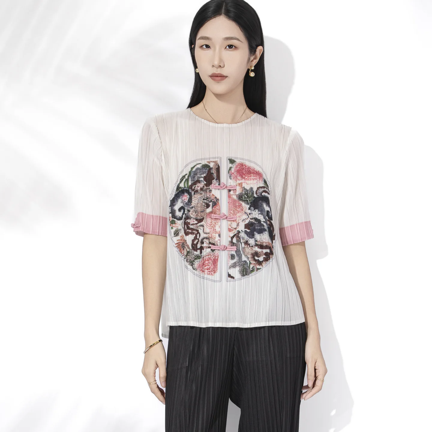 Miyake Folds New Chinese-style Printting Women's T-shirt Short-sleeve Round Neck Color-blocking Design Fashion Pullover Tops