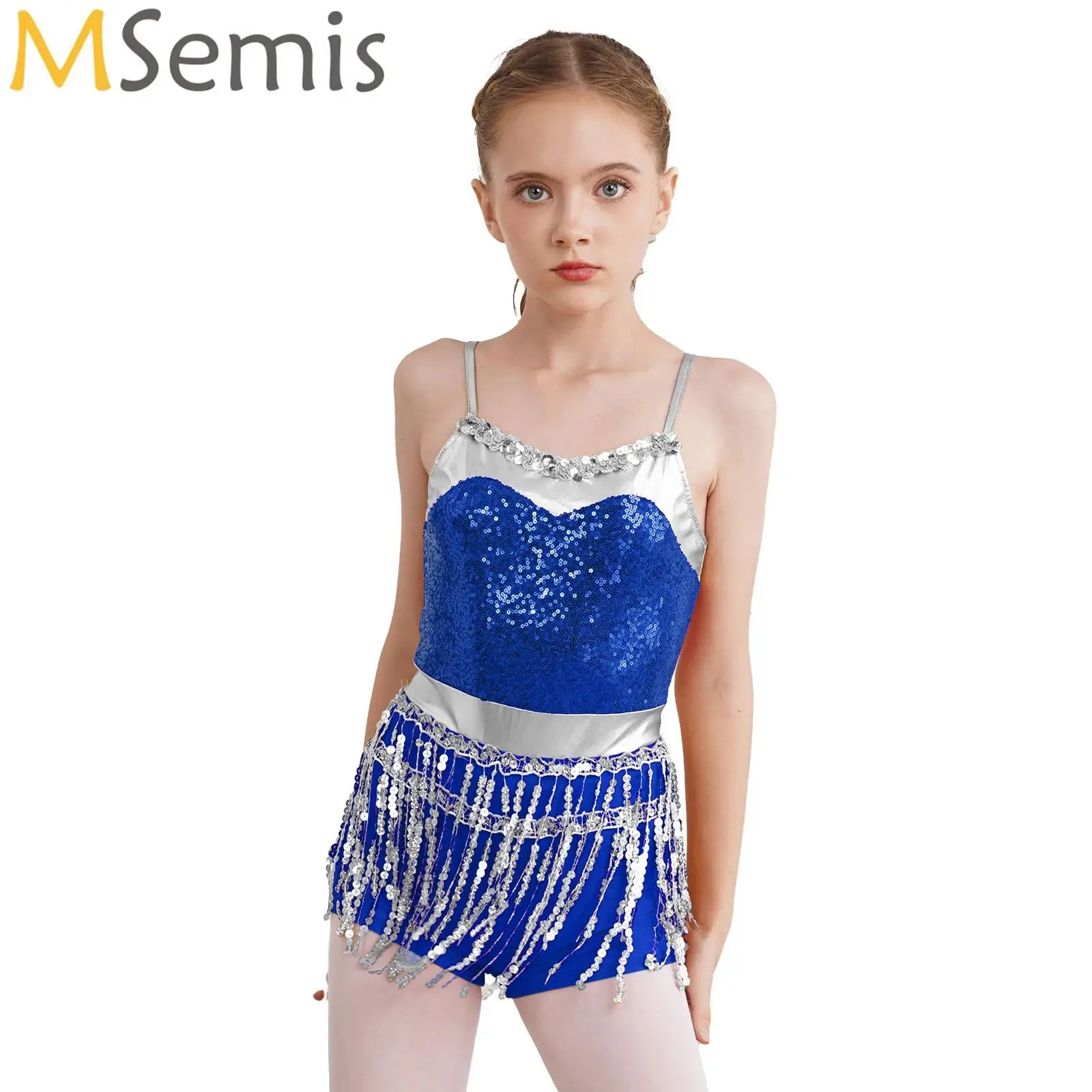 Kids Girls Latin Jazz Dance Sequin Fringe Dress Metallic Shiny Bodysuit Skirted Latin Samba Rumba Dancing Performance Costumes