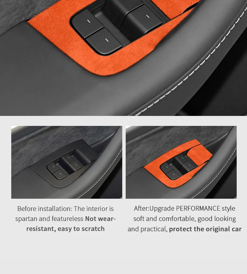 Hochwertige Wildleder-Abdeckung für Tesla Model 3 (2019-2023) und Model Y (2019-2024), Zierleiste für die Bedienelemente der Fenstersteuerung, Auto-Tuning-Zubehör. – Detail 4
