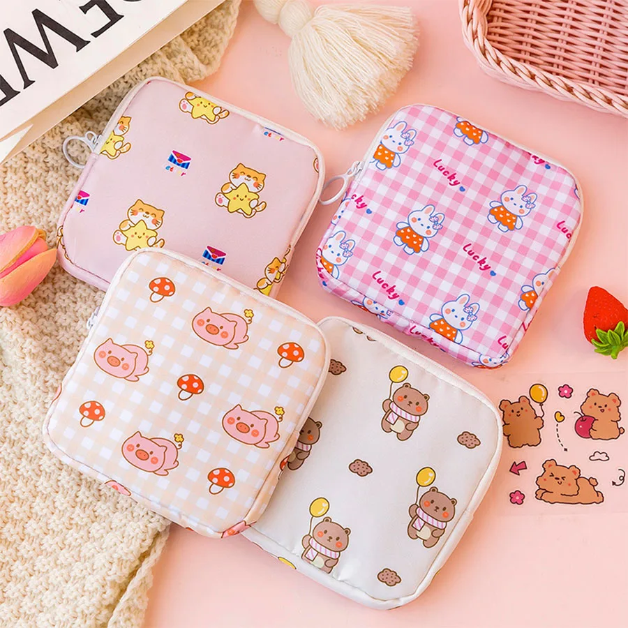 1PCS Cartoon Print Sanitary Napkins Storage Bag Feminine Period Pouch Portable Tampon Organizer Bag Mini Makeup Lipstick Storage
