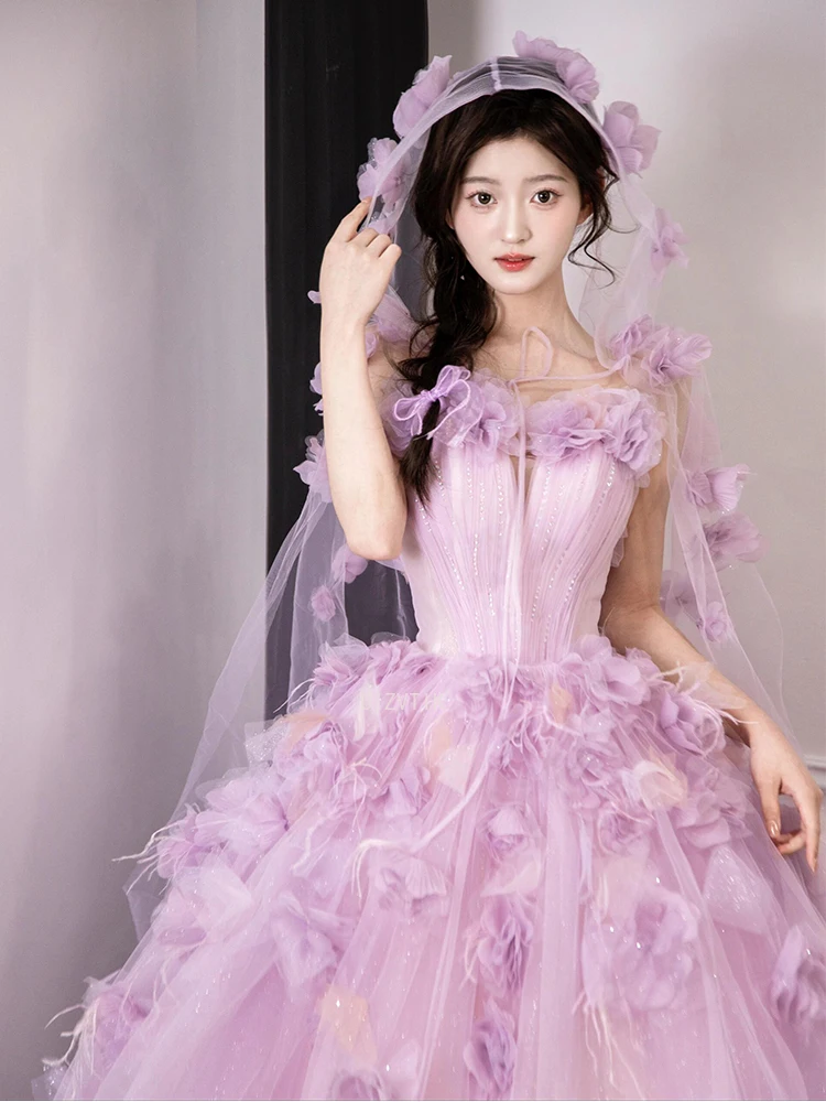 Luxury Flower Applique Wedding Dresses Women Strapless 3D Flowers A-Line Bridal Gown Customized Elegant Prom Evening Party Dress