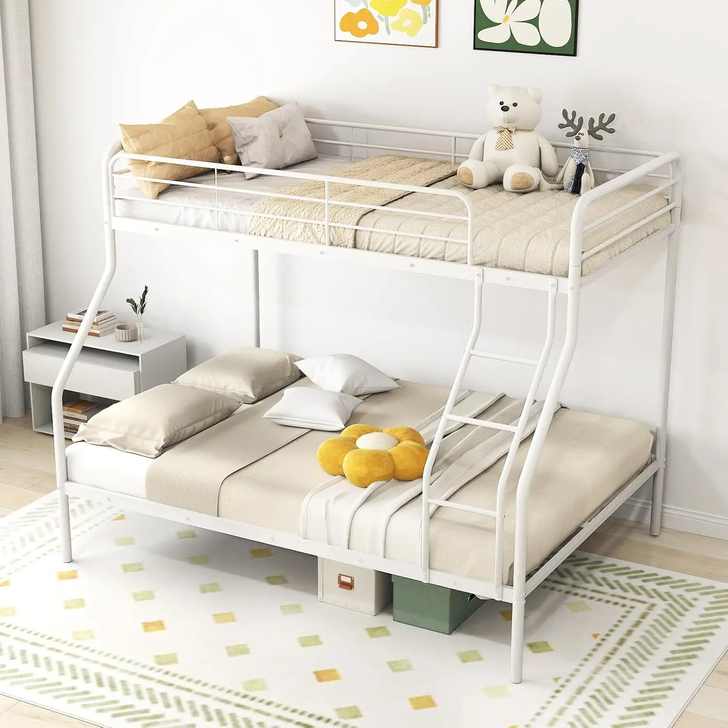 Twin Over Full Metal Bunk Bed, Heavy-Duty Bed Frame with Inclined Ladder, Safety Guardrail, Metal Slats Support