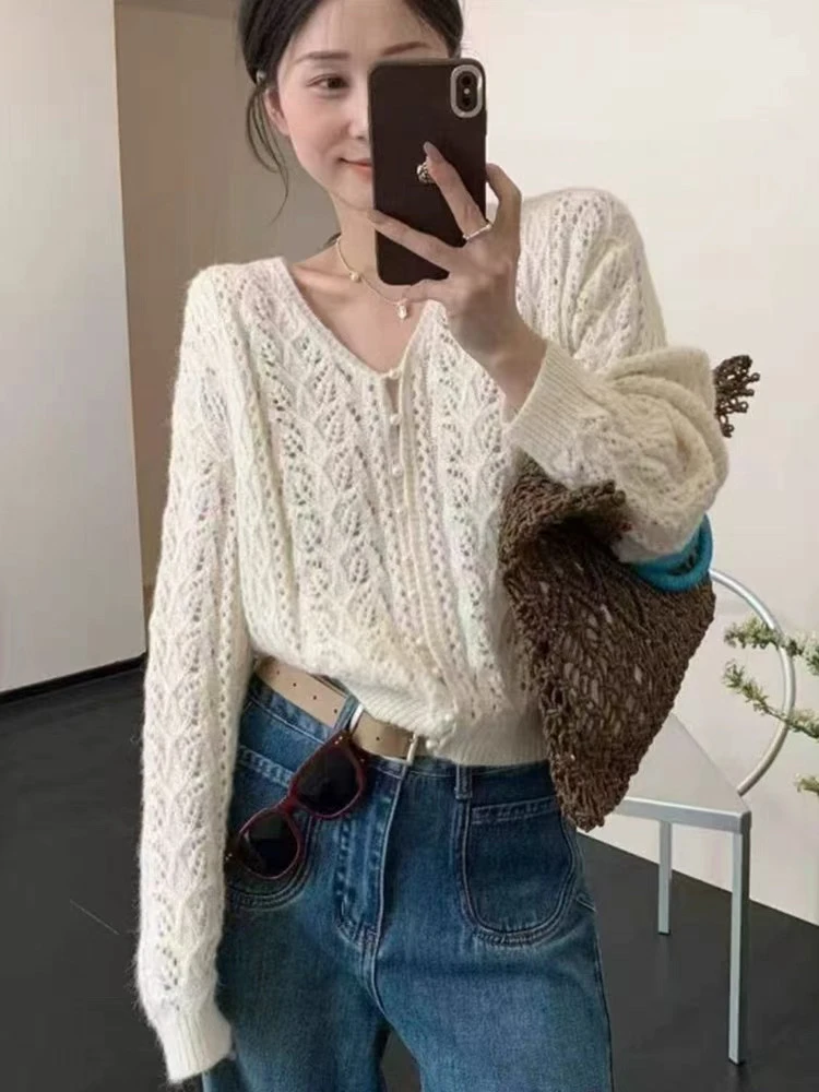 

Women's V-Ne Long Sve Knitted Sweater Hollow out Hook Design Spring Gentle Wind Air Conditioning irt ort Sle Top