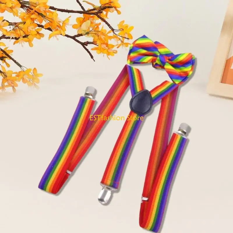 Y5GC Elastic Suspenders Strap BowTie Rainbow Brace For Theatrical Costume Dressingup