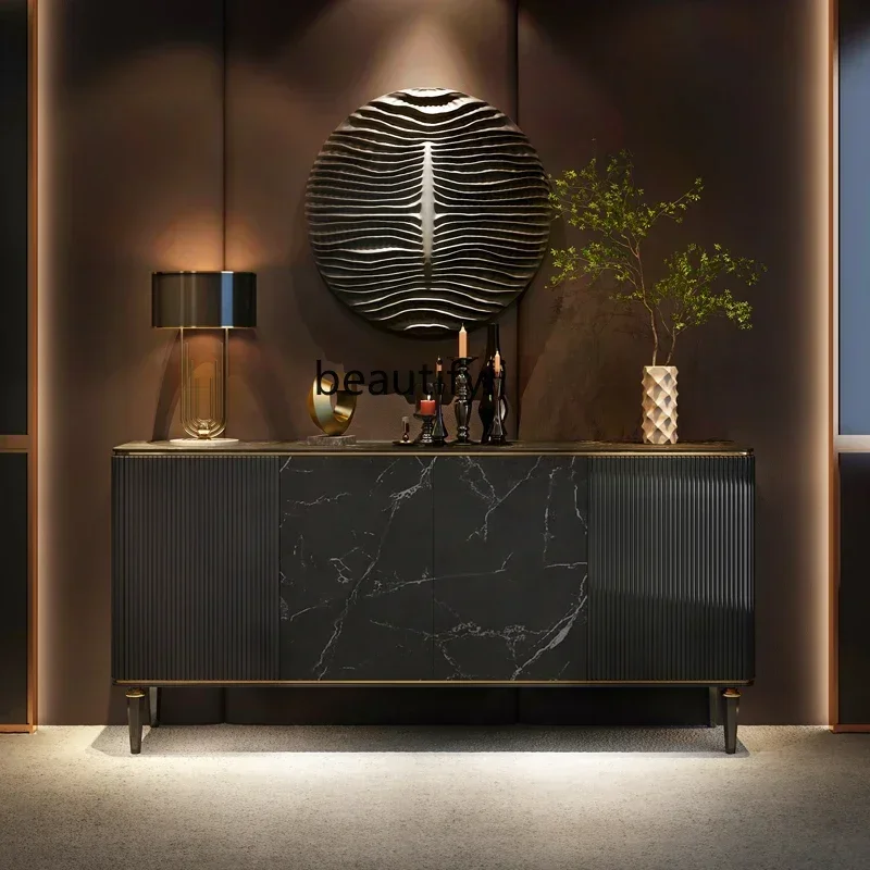 

TTT New arrive Light luxury retro dining side cabinet, living room black locker, facing the door, rock slab mystery cabinet