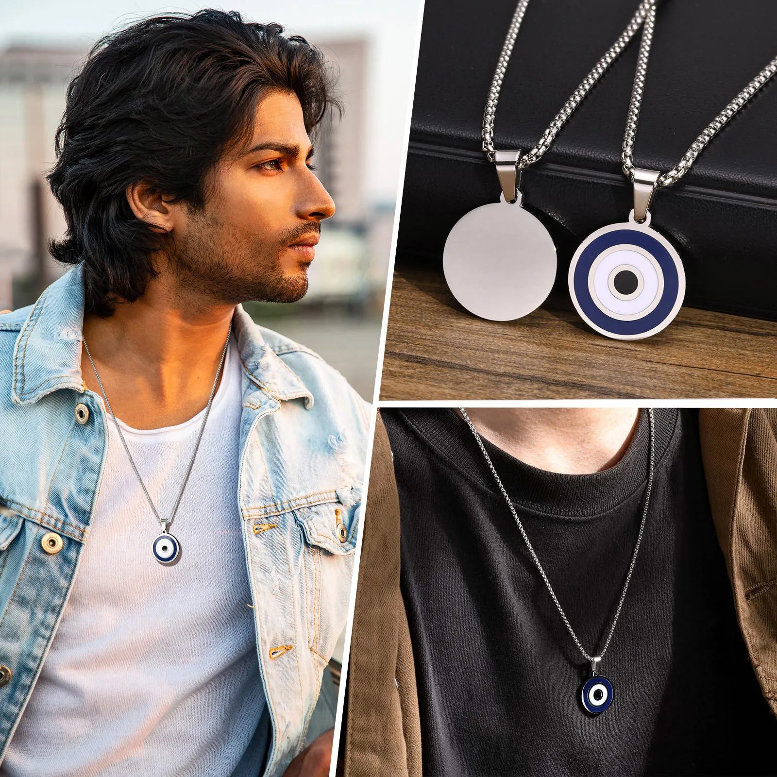 Vnox Casual Men Necklaces, Stainless Steel Evil Eye Pendant with Box Chain, Simple Ethnic Turkish Eye Collar Jewelry