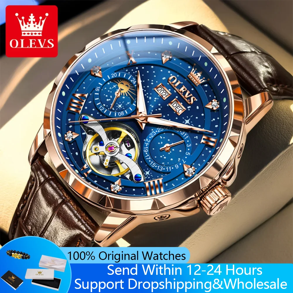 OLEVS 6690 Men's Watch Fashion Business Date Moon Phase Mechanical Men Watches Luxury Hollow Original Waterproof Watch For Men