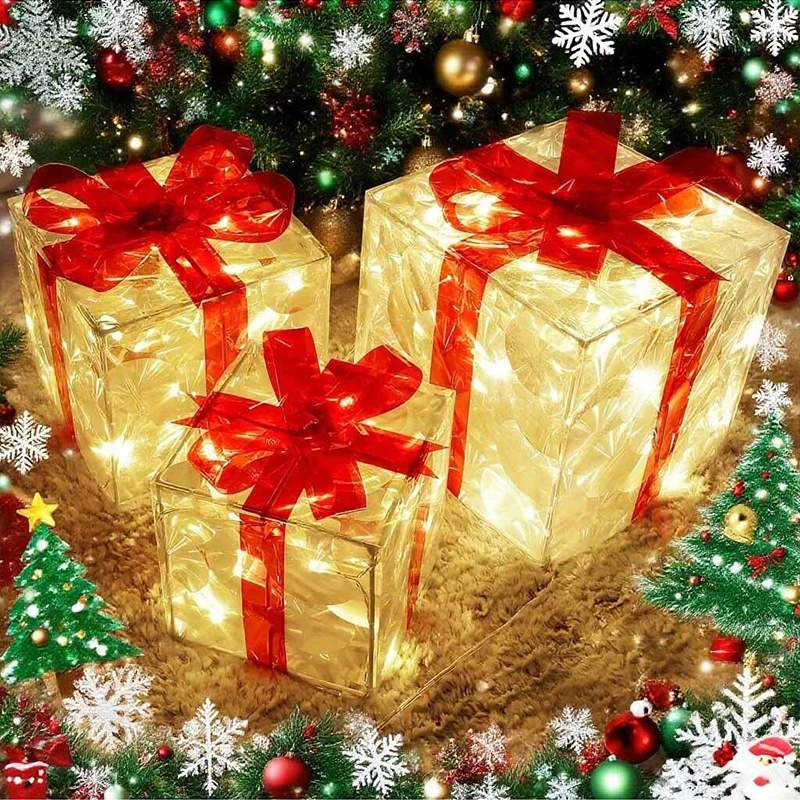 2025 pvc 3 peças caixa de presente brilhante de natal enfeites de decoração de casa de natal alimentado por bateria aa (não incluído)