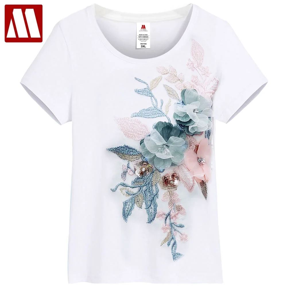 

2024 Women's Elegant Flower Embroidery T-shirts Female Cotton Short Sleeve Tees Tops Big size 5XL