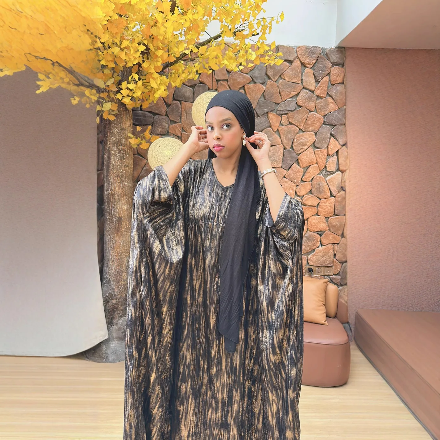 

Loose Abaya Dubai Kaftan Dress for Women Printed Batwing Sleeves Muslim Turkish Long Dresses Ramadan Eid Islamic Clothing Arabic