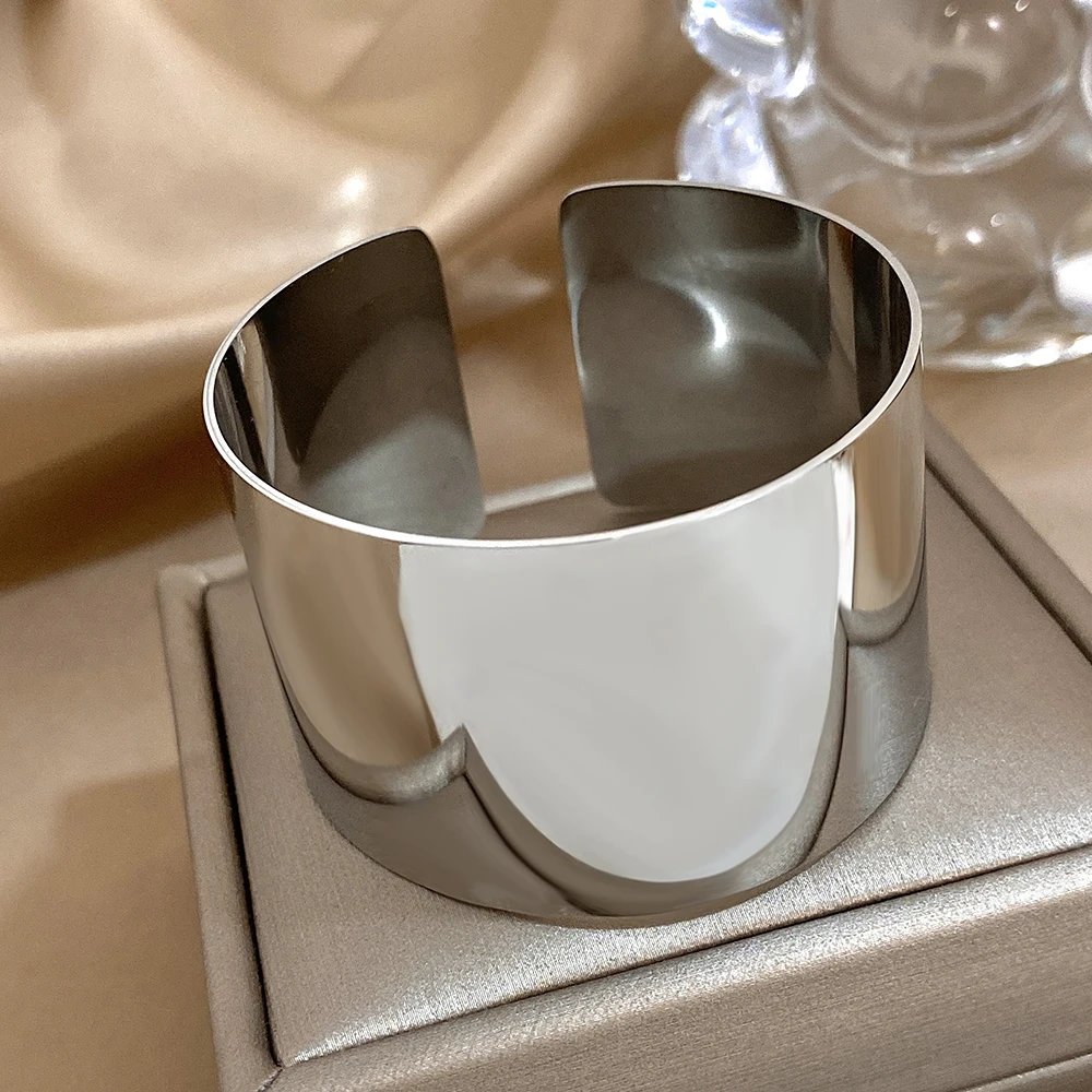 Minimalist Stainless Steel Wide Cuff Bracelets Bangles for Women Glossy Chunky Gold Silver Color Open Bangle Waterproof Jewelry