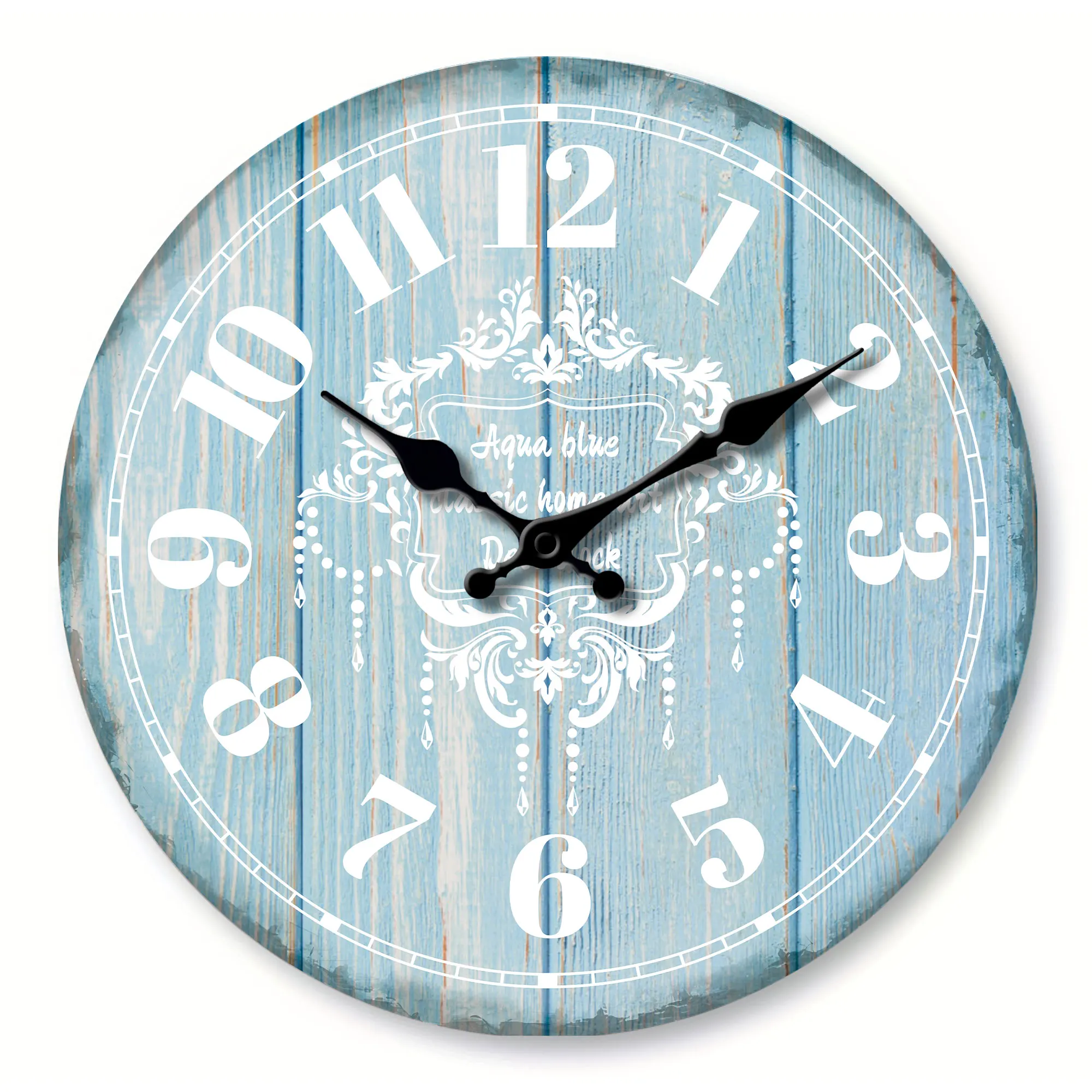 1 Stück runde Wanduhr aus Holz, Marine-Dekoration, Retro-Wanduhr mit blauem Holzstruktur-Design, stille Uhr, Strand-Außenwanduhr