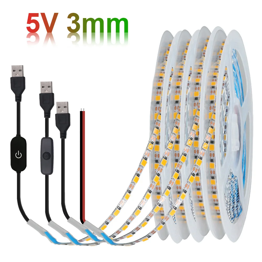 3mm PCB 5V LED Strip Light USB 2835 120LED/m Dimmable Flexible Led Tape Warm Natural Cold White 0.5m 1m 2m 5m Home Decoration