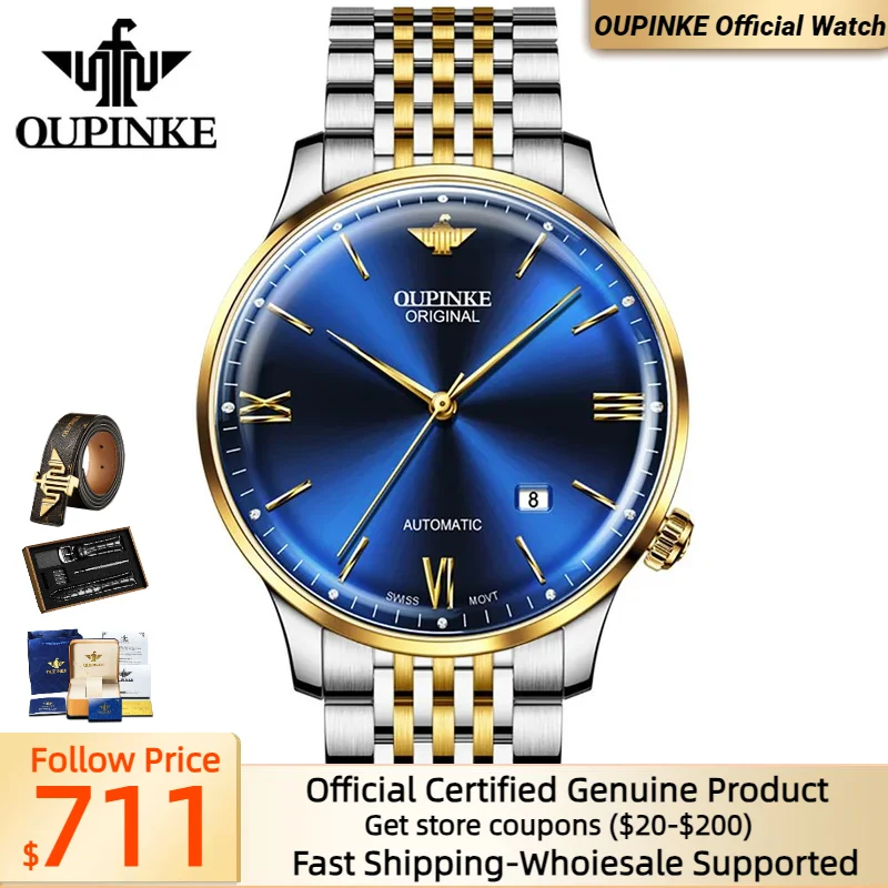 

OUPINKE 3269 High-end Swiss Movement Watch Men Sapphire Mirror 316 Stainless steel Date Roman Scale Luxury Man Wristwatches